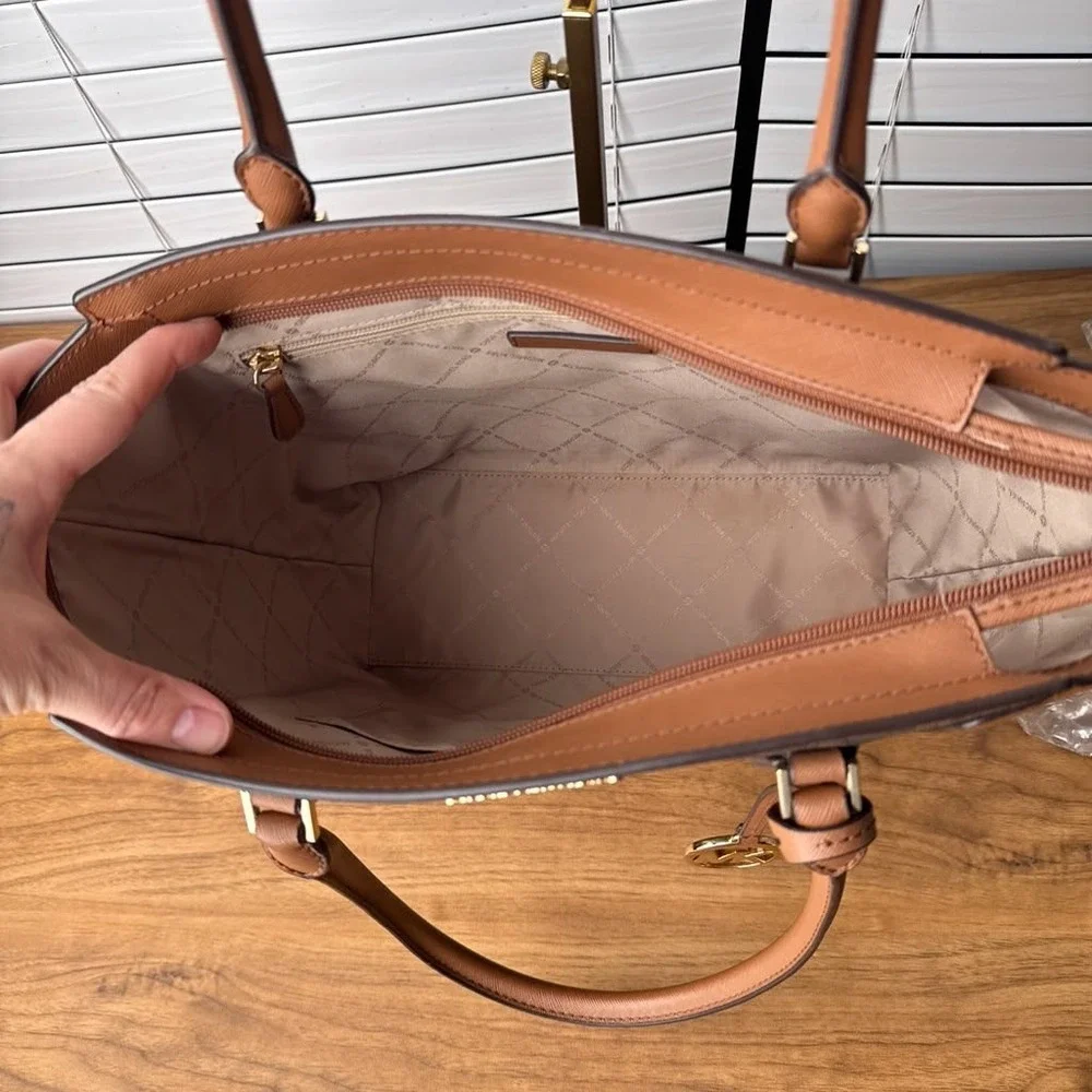 Michael Kors Ayden Large Signature Logo Tote Bag Saffiano Leather Brown Monogram